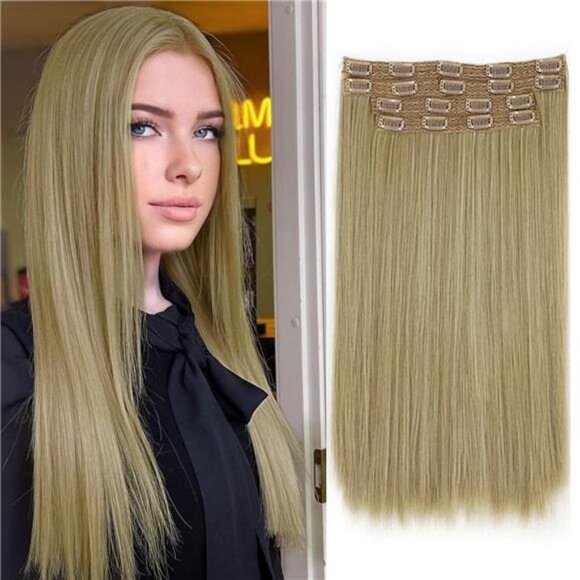 4PCS Clip in Long Soft Hair Extensions Synthetic Ash Blonde Mix Bleach Blonde
